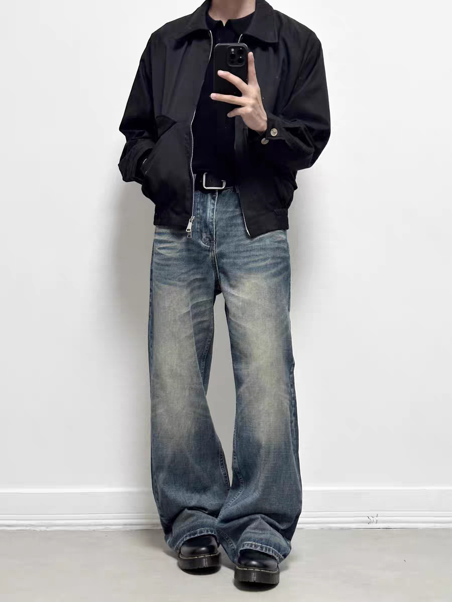 Goinsk Men's Flared Jeans CleanFit Wide Leg Pants Retro American Loose Fit For Spring Autumn_mkmklike.com