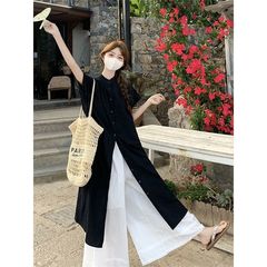 2025显高套装衬衫连衣裙黑色叠穿长款夏季新款高级感阔腿两件套潮