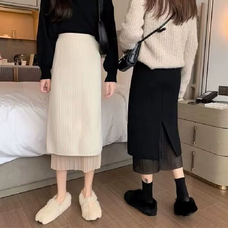 2024 осень и зима двухстороннее ношение плиссированной трикотажной юбки женского корейского среднего и длинного повседневного темперамента