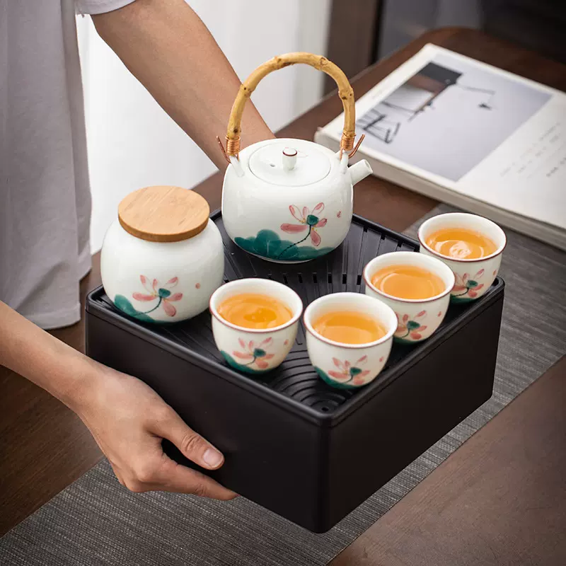 手绘便携式日式提梁壶旅行茶具套装 功夫茶具含茶壶茶海茶杯茶盘