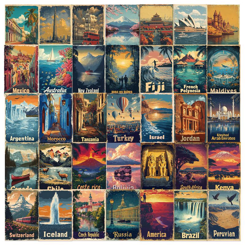 50 Retro Travel Posters from the 1950S Sticker Art Notebook Luggage Decoration Waterproof Stickers