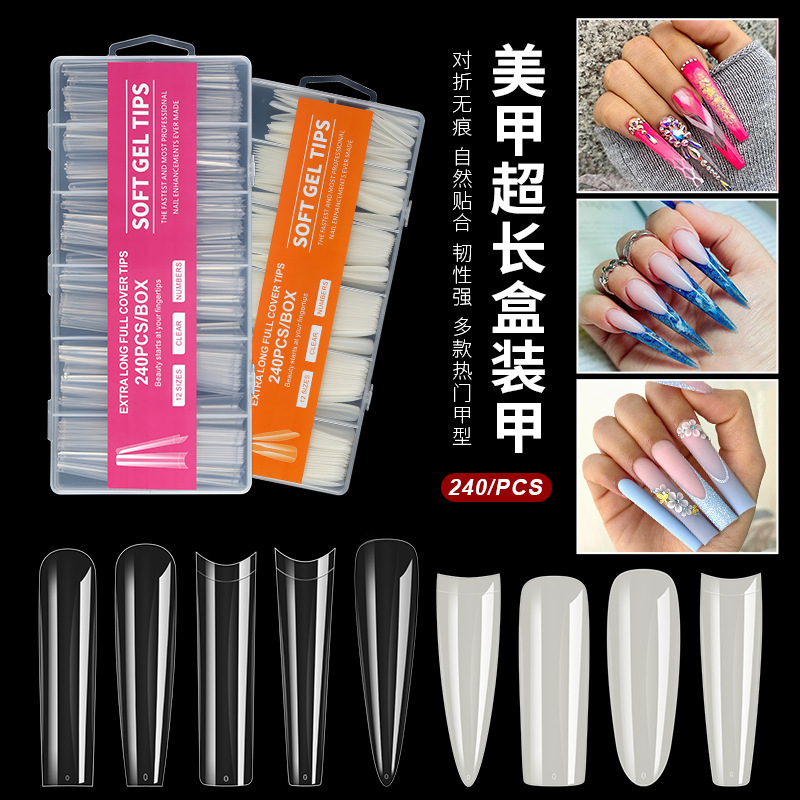 Cross-Border Manicure Extra Long Water Pipe Nail Patch Fake Nail Patch 240 Pieces Boxed Transparent Full Patch XXXL Denim Wholesale