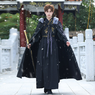 Autumn and Winter New Chinese Style Men's Wear Mid-length fleece-lined Cloak Antique Daily Hanfu suit Men's Tiger Cloak
