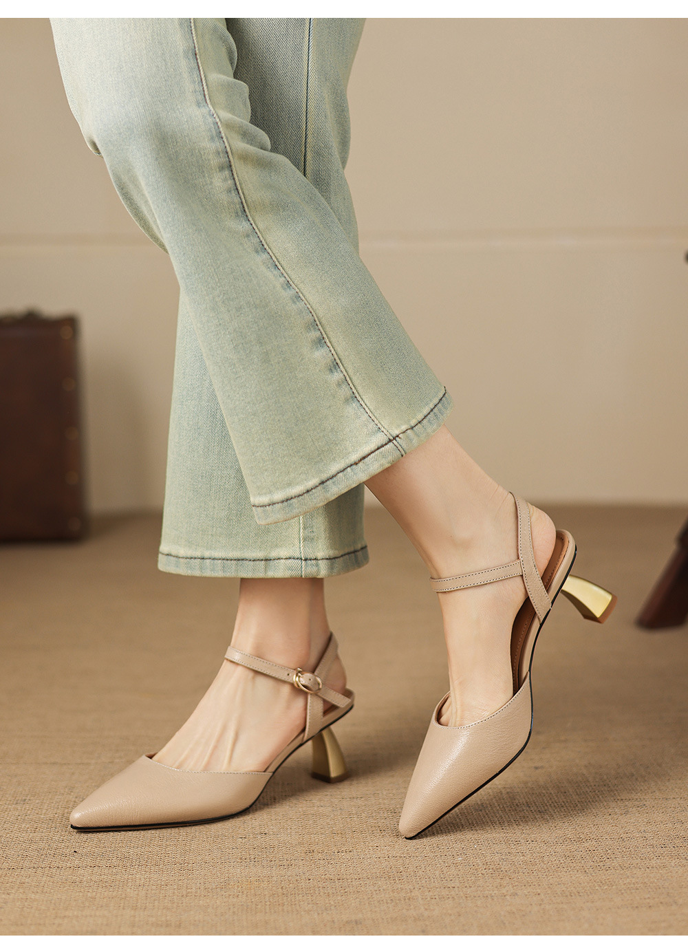 Sandal cao gót nữ mũi nhọn quai ngang da cừu bọc mũi — màu trắng ngà chi tiết 18