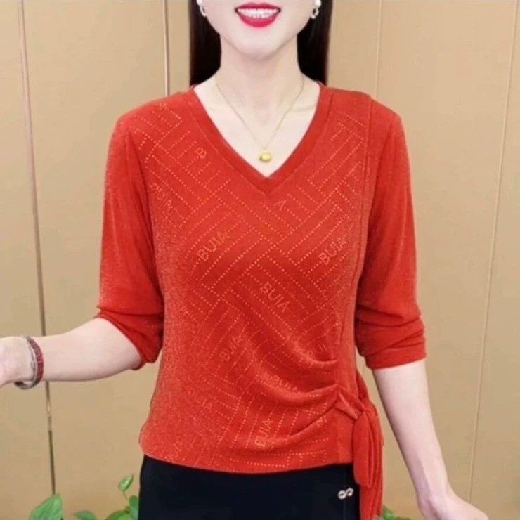 Маминая осенняя новая стильная однотонная сетчатая рубашка с длинными рукавами и v-образным вырезом, модная женская футболка, универсальный топ с горячими бриллиантами