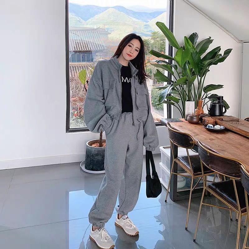 灰色时尚休闲工装套装女2025秋季新款韩版宽松短外套阔腿裤两件套|undefined