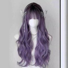 【藤の花】かつらの女性の長い髪の紫色のフルヘッドカバーのcosは大きい波の長いカールを整えて人の髪をシミュレーションします。