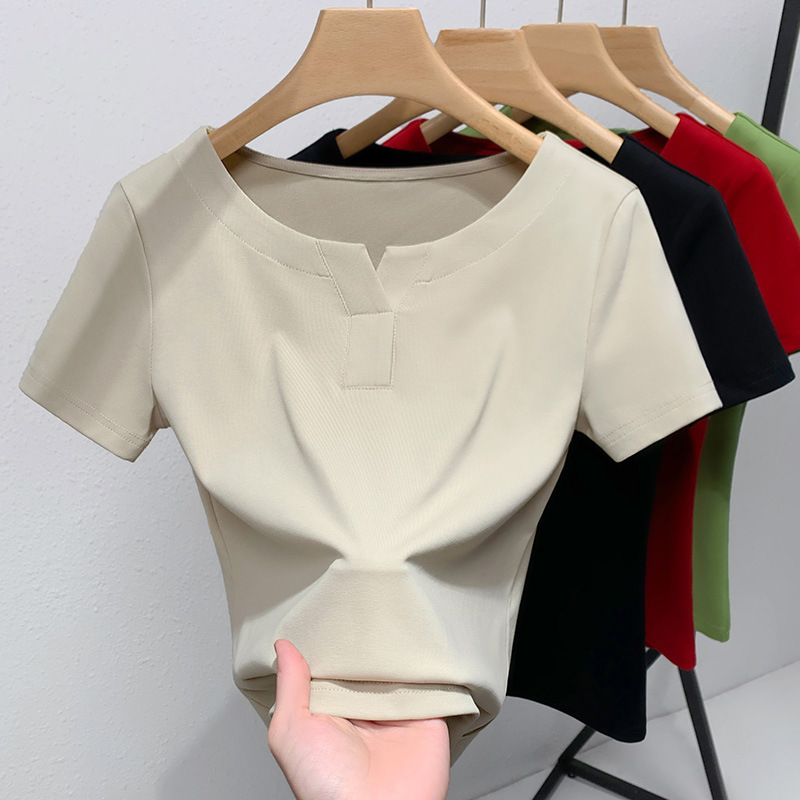 Camiseta de manga corta para mujer verano 2023 nueva camiseta de algodón de color sólido con cuello redondo medio abierto para mujer
