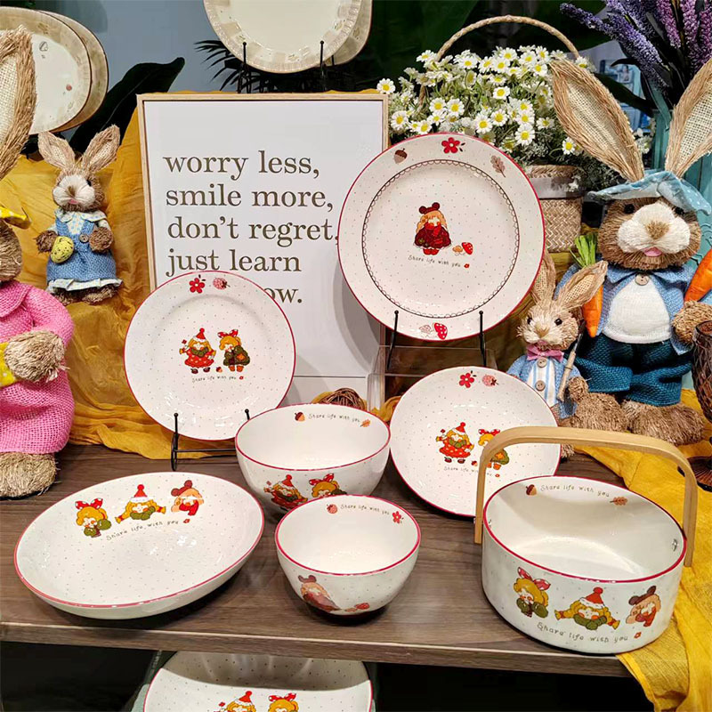 Fresh Danish Girl Red New Year Festive Tableware Household Gift Underglaze Ceramic Cute Cartoon suit