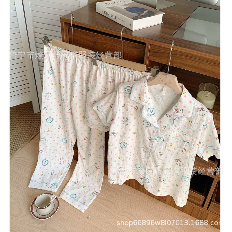 Pajamas de tres piezas de torta de oso para mujeres de verano, pantalones de manga corta, nubes de algodón adorable, viento en 2025 nueva ropa para el hogar