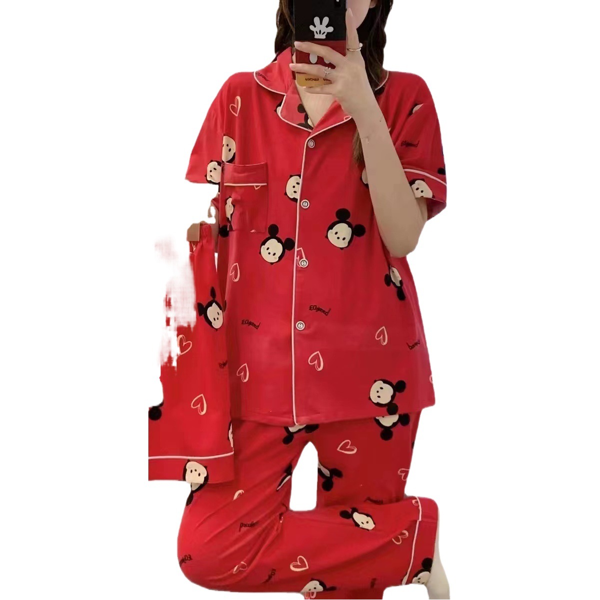 Pijamas mujer verano celebridad en línea pantalones cortos de manga corta para mujer Pantalones cardigan traje de tres piezas de dibujos animados ropa de hogar delgada primavera y otoño