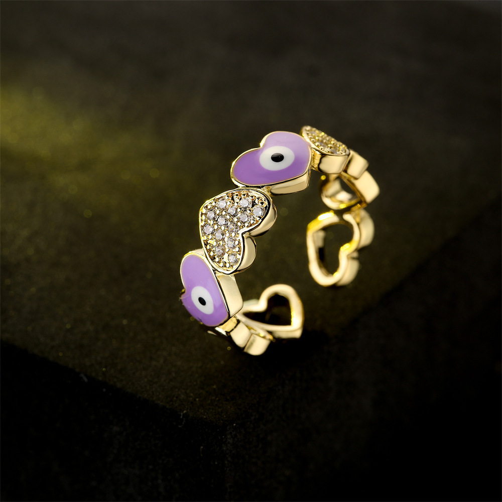 new heart shape dripping oil zircon devil eye golden open ring