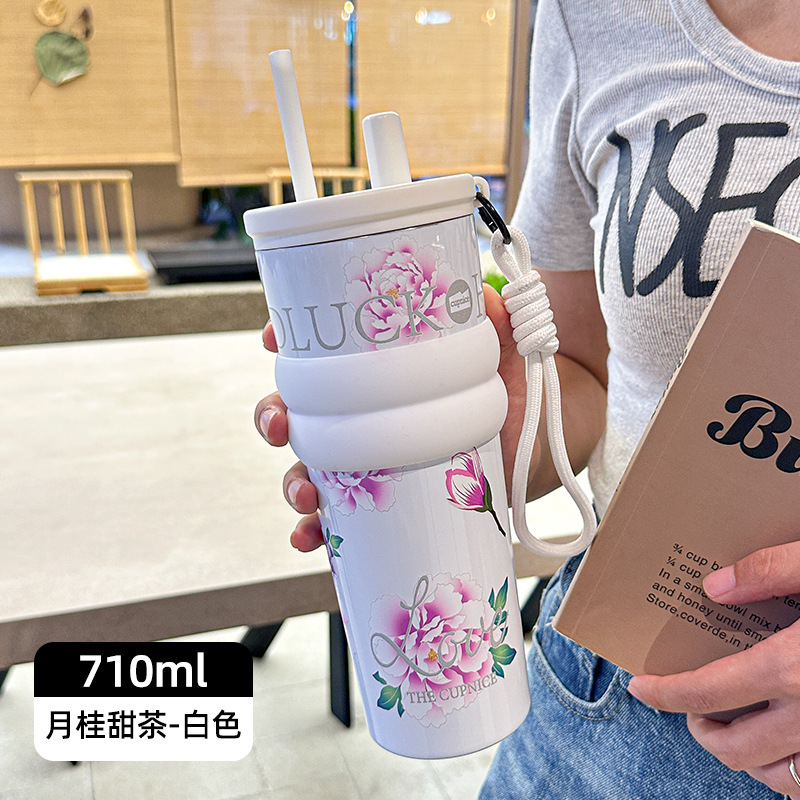 新款繁花保温杯高颜值吸管水杯大容量不锈钢内胆吸管杯批发|undefined