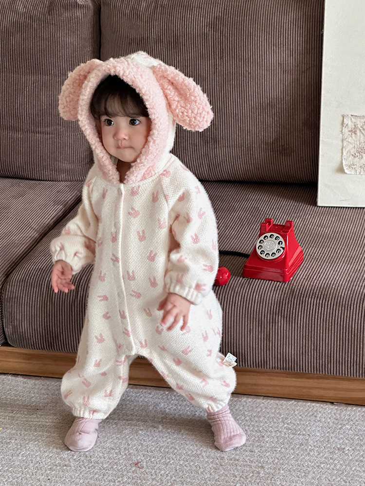 Ropa de bebé invierno niña bebé mono princesa estilo extranjero conejo exterior ropa gruesa mampara con capucha ropa de invierno