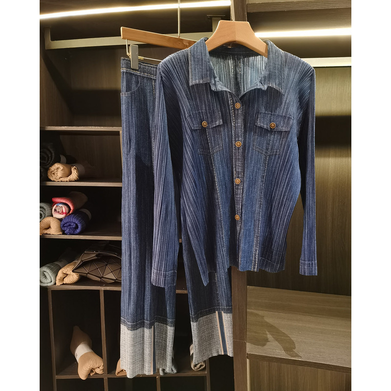 Pleated Top Jacket for Women, New Spring Fashion Versatile Loose Shirt Top + Straight Wide-Leg Pants Two-Piece Set