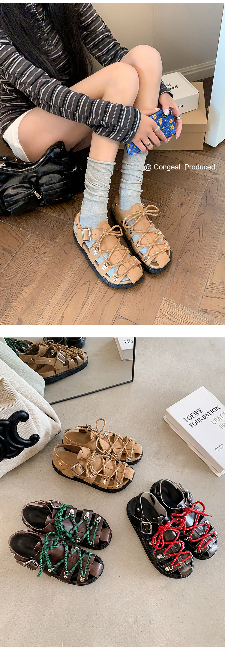 Sandal nữ đế dày dệt quai chéo phong cách La Mã, mũi bít khóa thắt lưng — màu nâu chi tiết 15