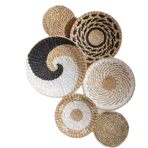 Juego de cesta de pared bohemia, decoración de paja tejida a mano para entrada, sala de estar y B&B, adornos colgantes