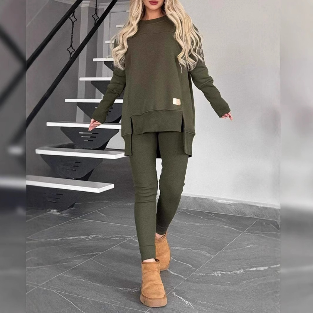 2024 European And American Cross-Border Autumn Winter Hot-Selling Women's Top With Slit Long Sleeve Round Neck Casual_ecoleips.com