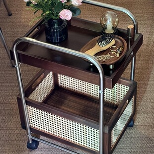 Solid Wood Movable Side Table Storage Middle Ancient Cart Living Room Coffee Table Storage Rattan Retro Sideboard