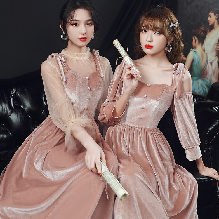 Bridesmaid Dress Pink Velvet Dress 2026 New Style Sister Group Slimming Plus Size Long Sleeve Can Be Worn Casually Bridesmaid Dress Bridesmaid Dress Pink Velvet Dress 2026 New Style Sister Group Slimming Plus Size Long Sleeve Can Be Worn Casually Bridesmaid Dress