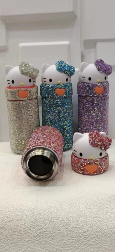 Stylish Diamond-embellished Cartoon KT Vacuum Insulated Cup for Children, Portable Water Bottle, Stainless Steel, Diamond-embellished Gift