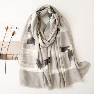 抽象风手绘几何春秋夏季韩版棉麻围巾百搭长款海边防晒披肩沙滩巾|ru