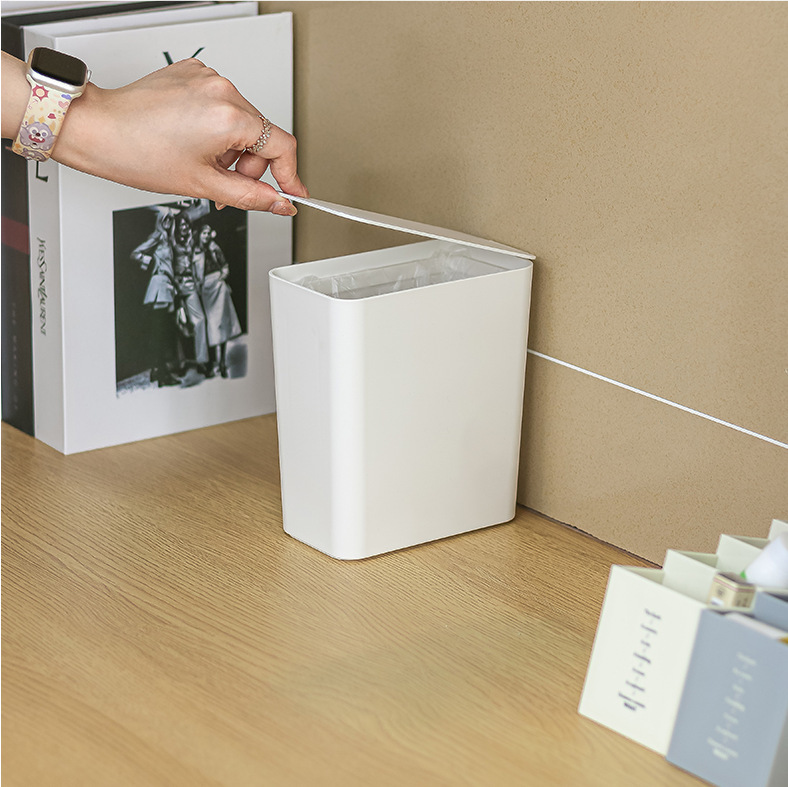 Japanese-style Narrow Desktop Trash Can Small Household Office Bedroom Paper Towel Bathroom Face Towel Storage Bucket with Lid