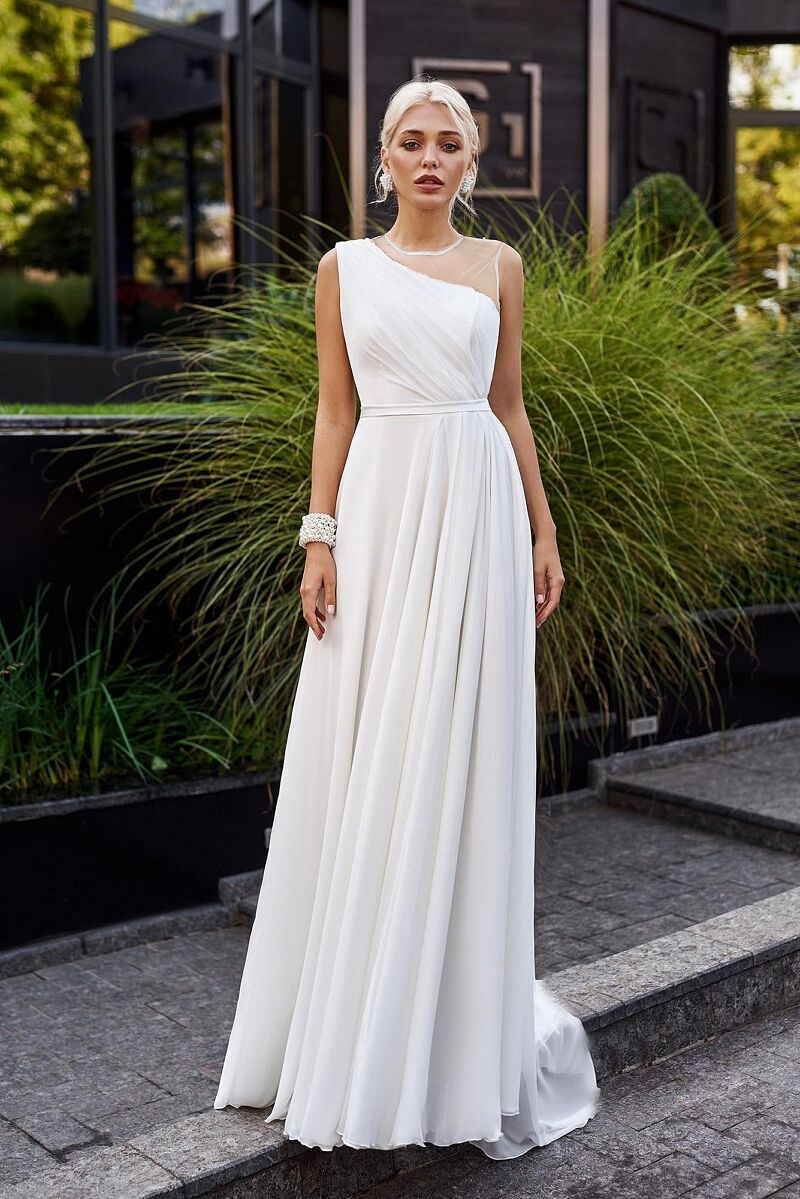 2025 nuevo vestido de novia de doble hombro blanco de cuello redondo de chiffon francés vestido de novia de cola pequeña image 6