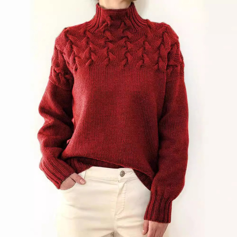2025 Amazon Cross-Border New Women's Clothing Independent Station Ebay Fashion Cable Braided Details High Collar Long-Sleeved Sweater