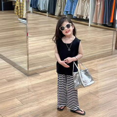 2024女童夏季時髦寬鬆黑色背心上衣+休閒條紋闊腿褲兩件套分開拍