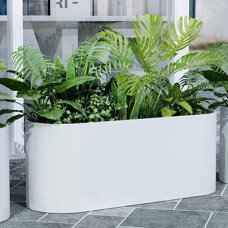 Milk tea shop double semicircle white flower pot Commercial Street commercial flower jar outdoor iron flower box combination oval flower trough