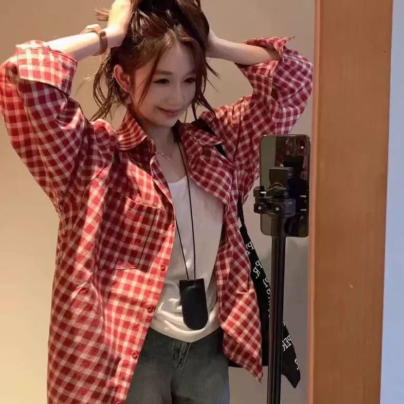 Красная клетчатая рубашка, рубашка с длинными рукавами и воротником-поло в ленивом стиле, женская летняя свободная рубашка с защитой от солнца, повседневный топ-кардиган