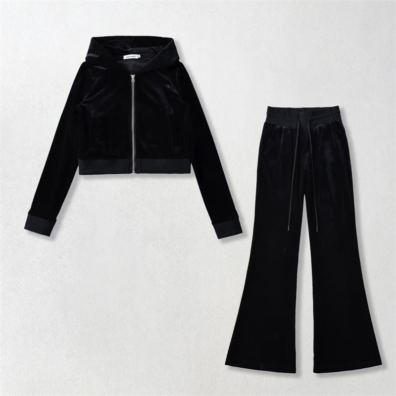 Hot Girl Velvet Casual Sports Suit Autumn and Winter New Style Zipper Hooded Sweatshirt Jacket + High-Waisted Flared Pants