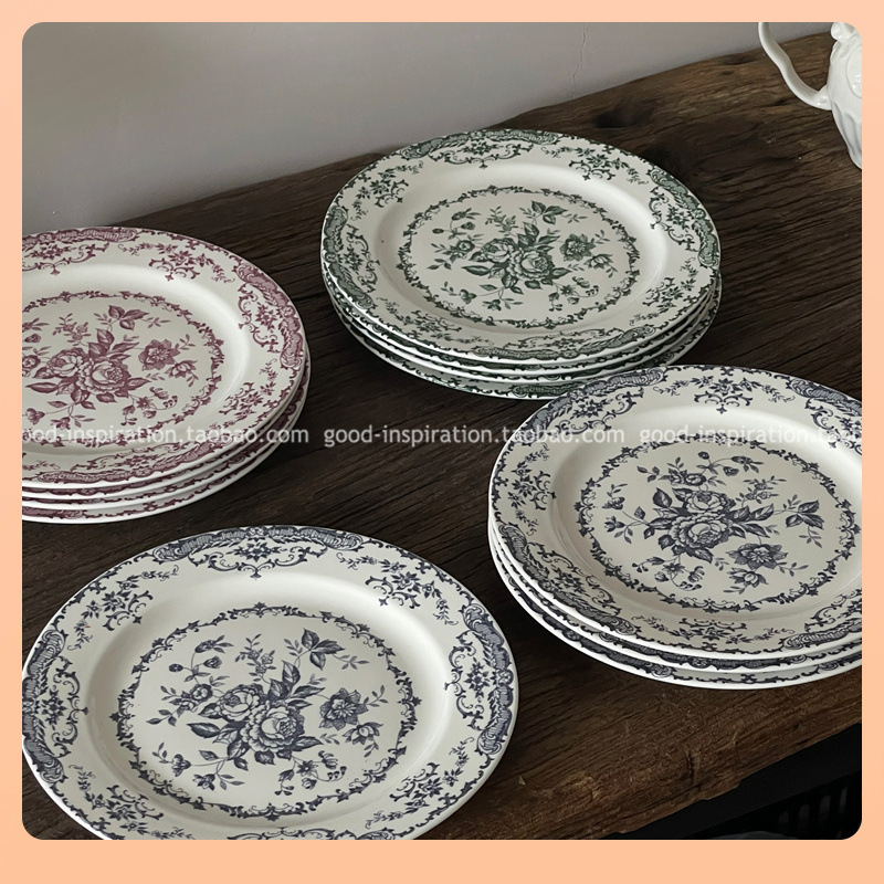 ✅ French-Style Vintage Rose Garden Ceramic Dinner Plate, Western-Style Dessert Plate, Cake Plate, Afternoon Tea Retro