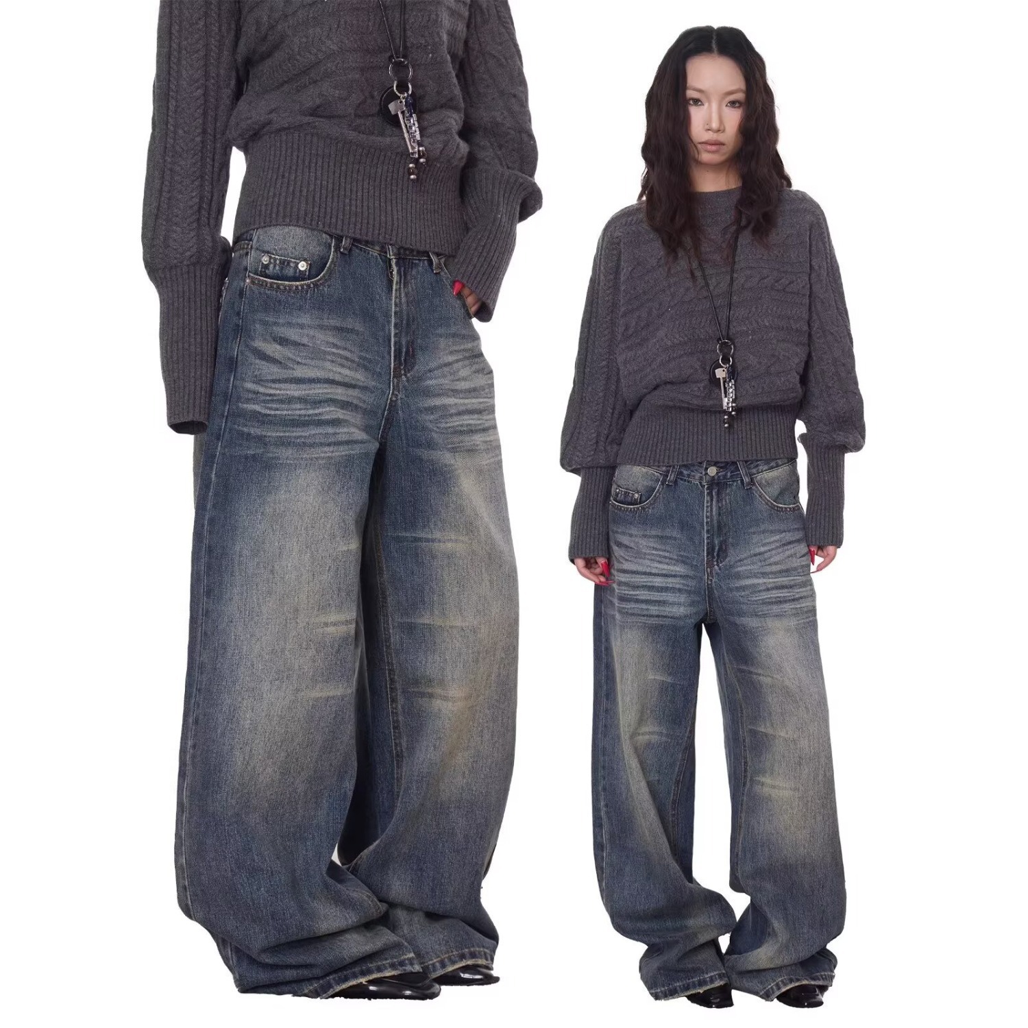 Unisex Retro Washed Distressed Jeans Loose Straight Leg Casual Hip Hop Dance Long Pants Spring/Autumn Summer Wear_ecoleips.com