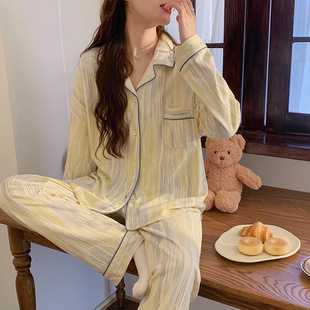 New Korean Style Spring and Autum Women's Pajamas Long-sleeved Bubble Wrinkled Internet Celebrity High-end Wearable Home Clothes Set