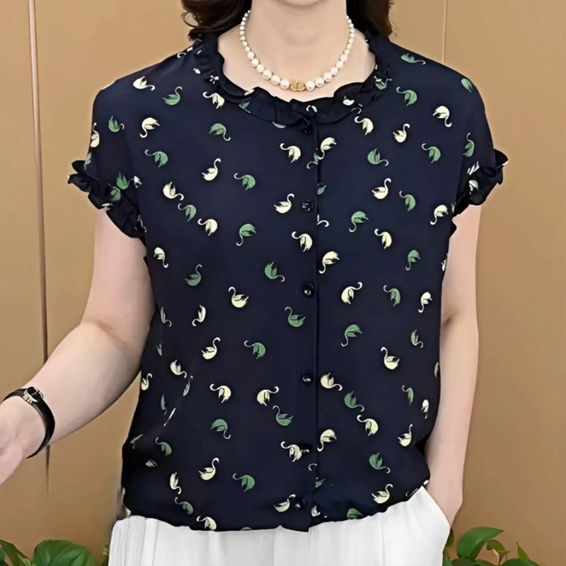 [No Drawstring] Summer Short-Sleeved Tops, Fashionable Lace Collar Shirts, Casual Flesh-Covering Plus-Size Women's Clothing