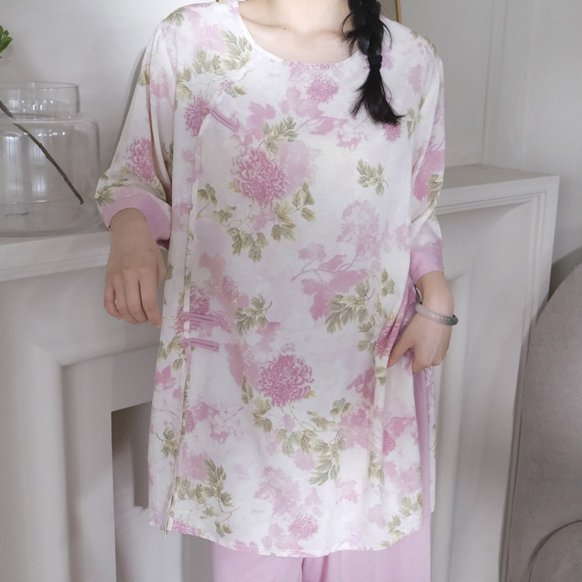 Cotton Silk Family 2025 New National Style Cotton Silk Pajamas for Women, National Style Artificial Cotton Short-Sleeve Set, Can Be Worn Outside, Thin Style