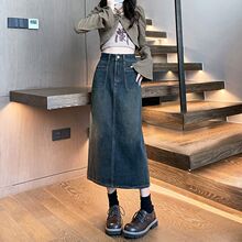 复古牛仔半身裙女春夏2024新款高腰显瘦直筒开叉a字包臀中长裙子
