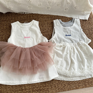 Summer children's belt, dress with letters sleevless, with embroidery, Korean style