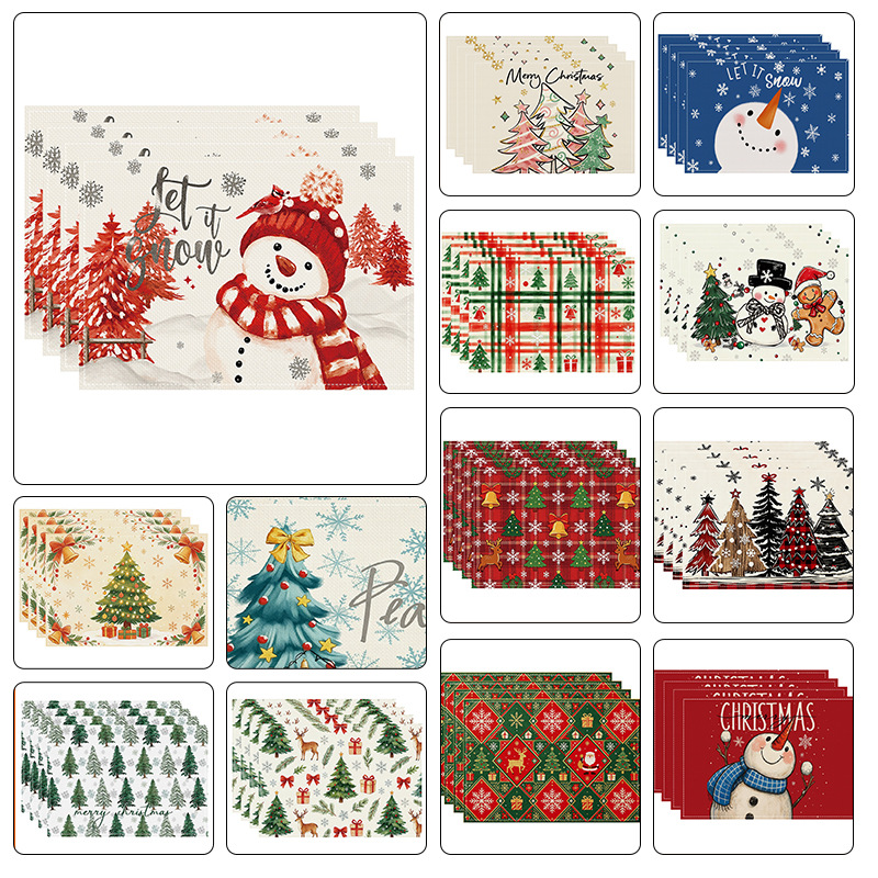 Cross-border Premium Christmas Series Placemats Red and Green Plaid Snowflake Pine Tree Home Restaurant Party Non-Slip Bowl Mats Decoration