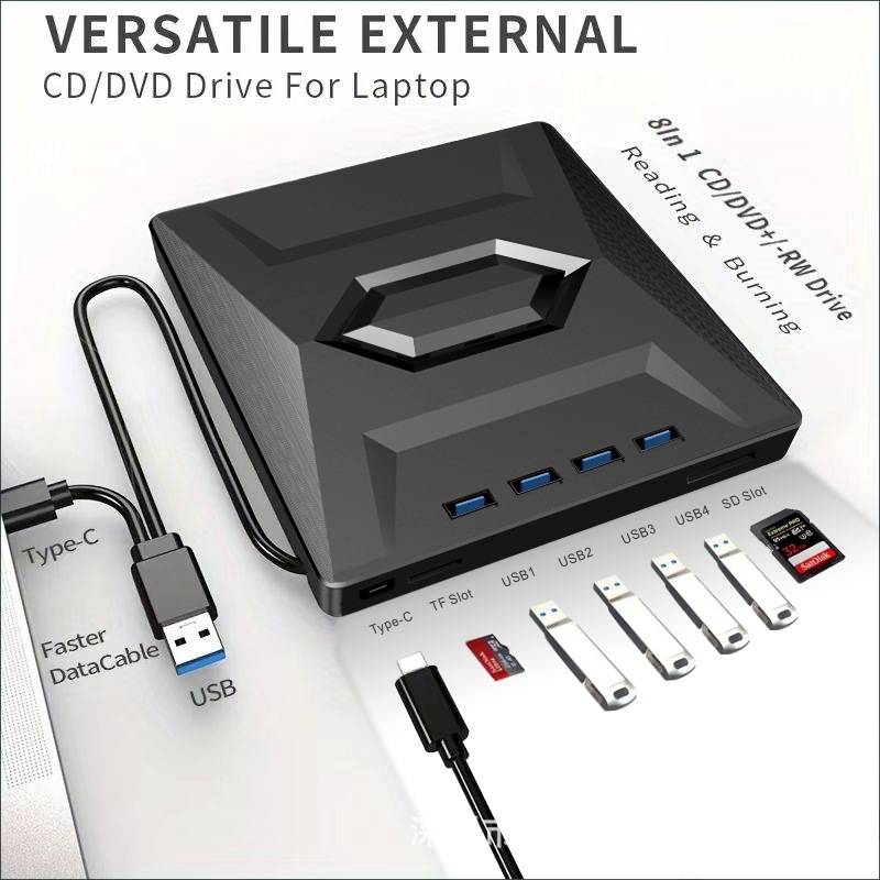 Cross-Border Supply of External Optical Drive Dvd Burners with Usb3.0/Type-C, Expandable with Card Slot for High-Speed Burning