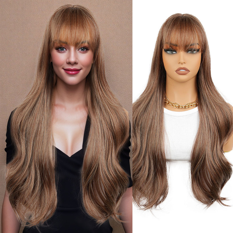 Cross-border Amazon highlights brown wig women's long curly hair big wave full head set chemical fiber factory wholesale