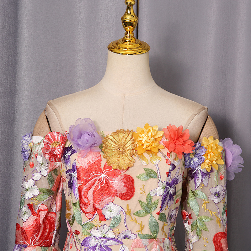Three Dimensional Floral Cluster Embroidered Bell Sleeve Retro Dress off Neck Dress 18 Three Dimensional Floral Cluster Embroidered Bell Sleeve Retro Dress Off Neck Dress