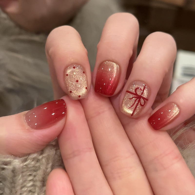 [Winter Gift] Christmas Gradient French Short Manicure Purely Handmade Wearable Nail Art Patch Fake Nail Patch