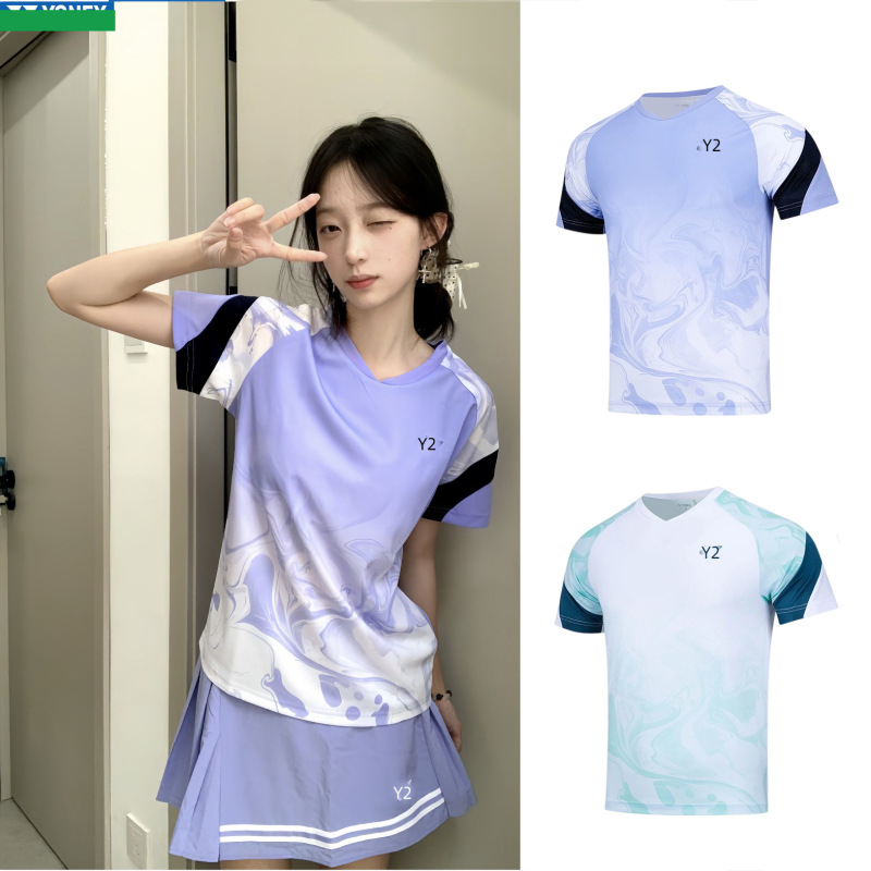 2025新款YY羽毛球服女款运动服套装比赛服速干上衣情侣训练服短袖|undefined