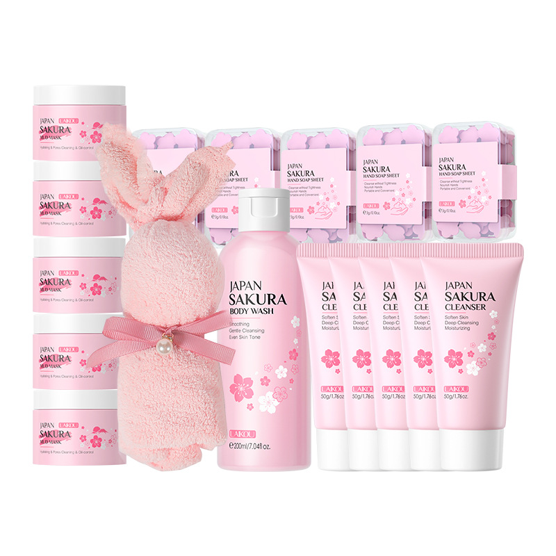 Conjunto combinado de leche de caracol y flor de cerezo LAIKOU transfronterizo, varios conjuntos, kit de productos para el cuidado de la piel de combinación libre.