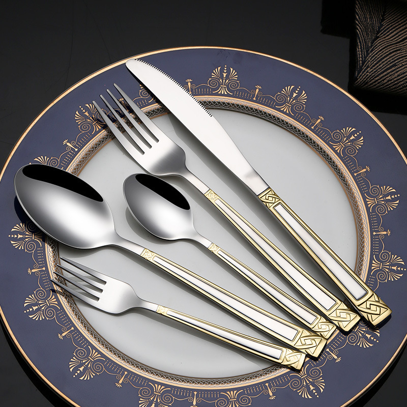 Square Handle Ling Knot Stainless Steel Spoon Knife and Fork Western Tableware suit Hotel Coffee Spoon Household Dining Round Spoon Mixing Spoon