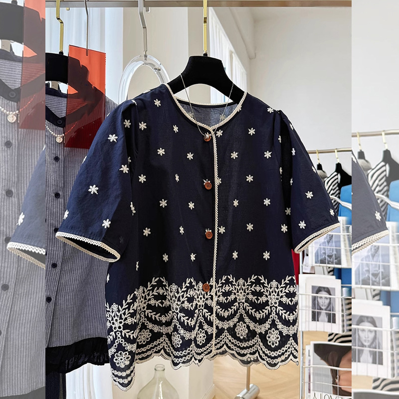 Summer New Style Snowflake Korean Style Small Fragrance Embroidered Lace Shirt Women's Loose Top Large Size High-End Stars