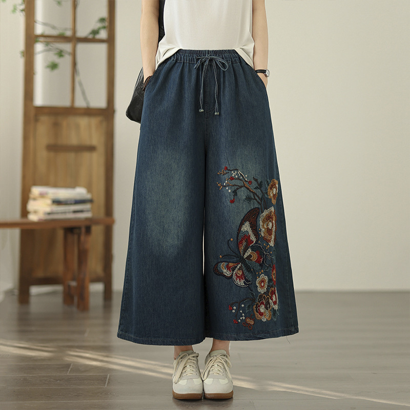 Guofeng Heavy Industry Embroidered Flower Denim Ankle-length Pants Women's Summer Old-fashioned Elastoic Waist Ethnic Style Niche Wide-leg Pants